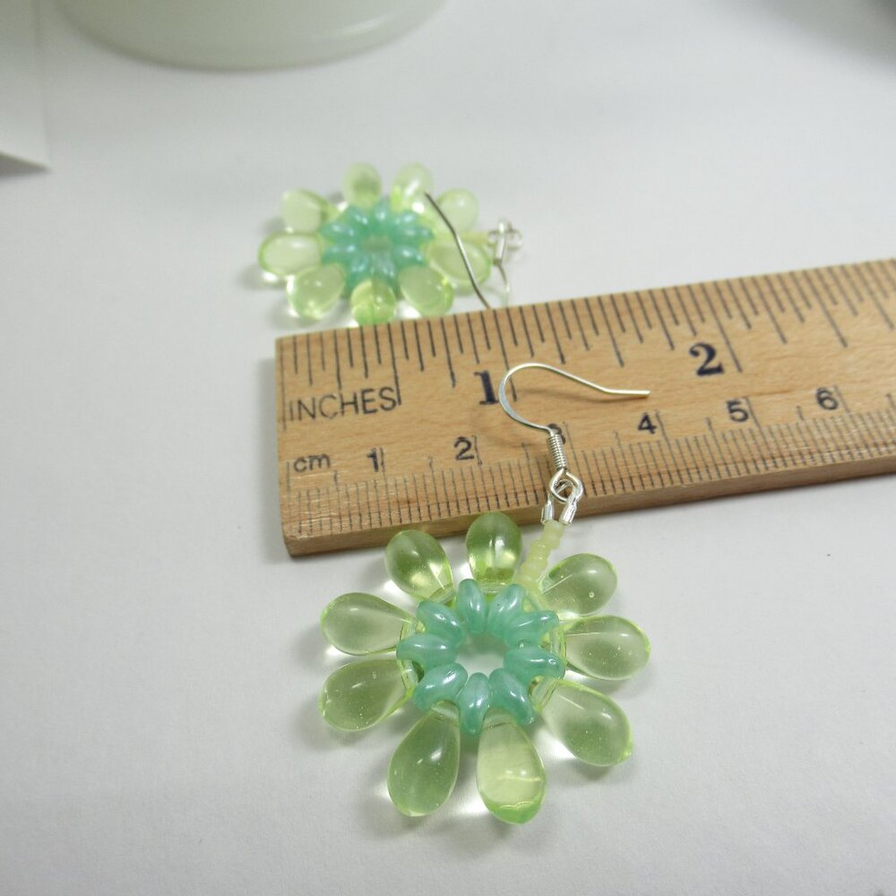 Handwoven Uranium Glass drop flower Statement earrings - Picture 5 of 10